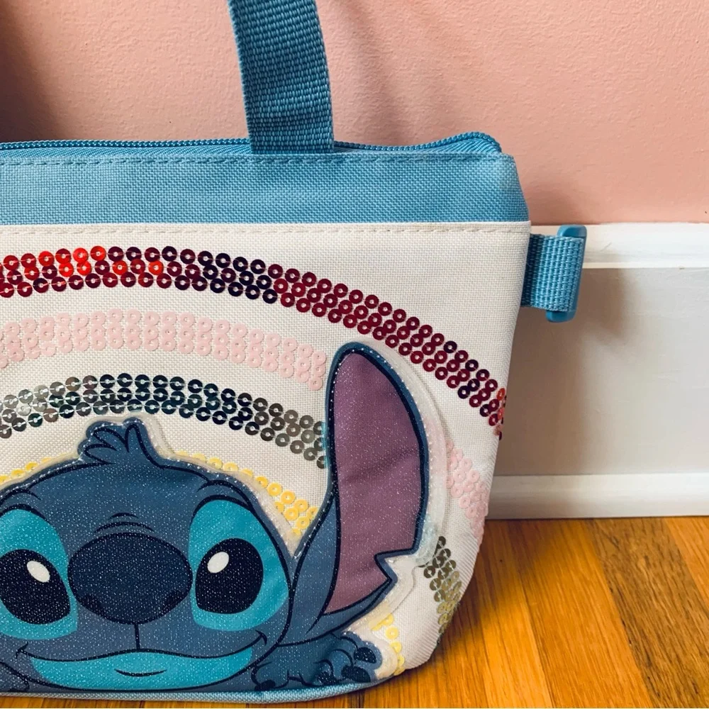 Disney Stitch Lunch Box Blue White Sequins Rainbow Used